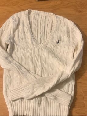White V-Neck Cable Knit Sweater - Polo Style
